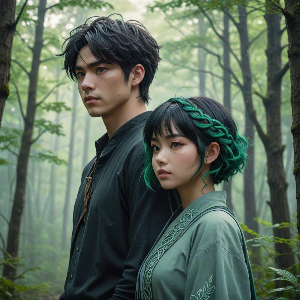 Vibrant Anime Duo in Misty Forest