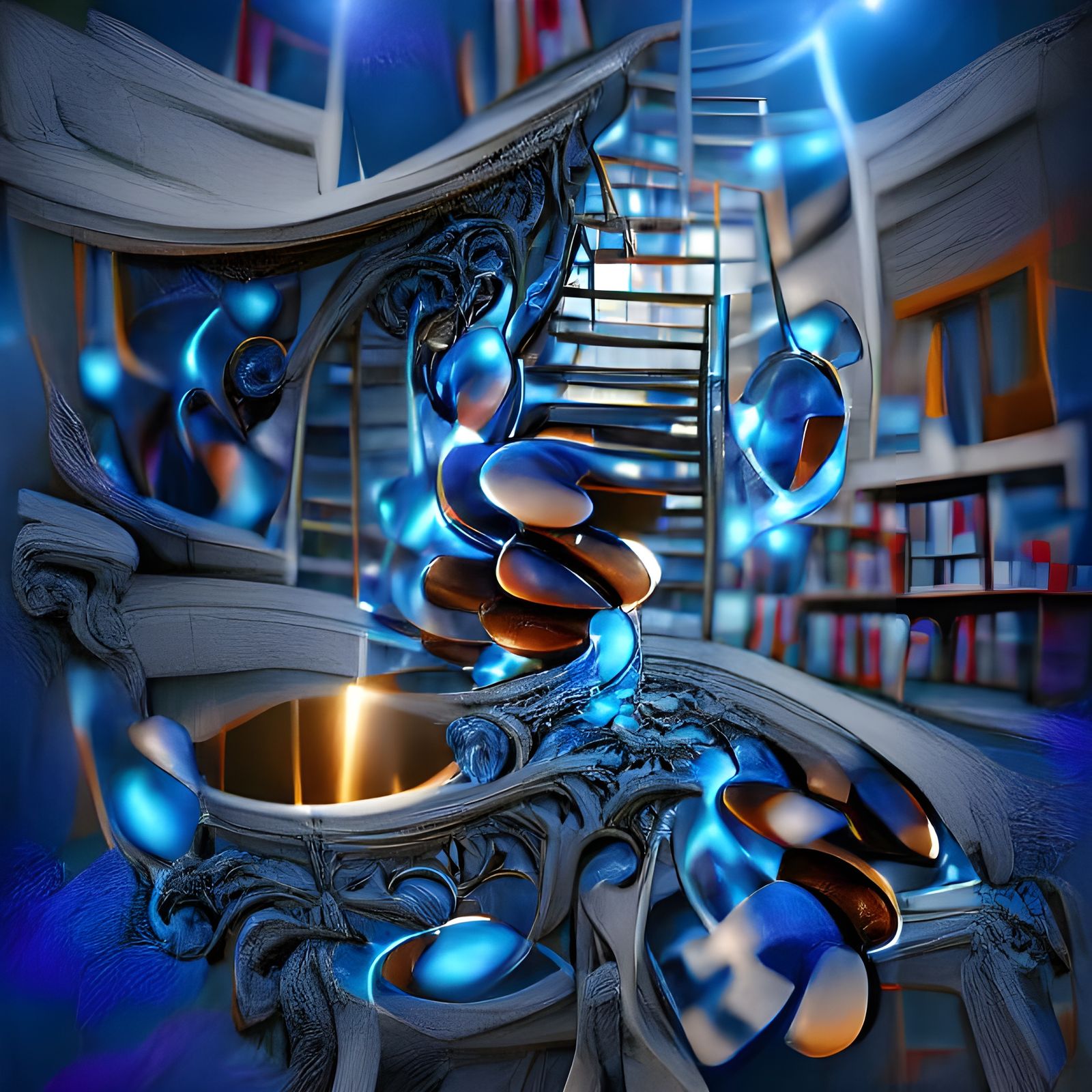 spiral staircase leading to a portal to library in another d...