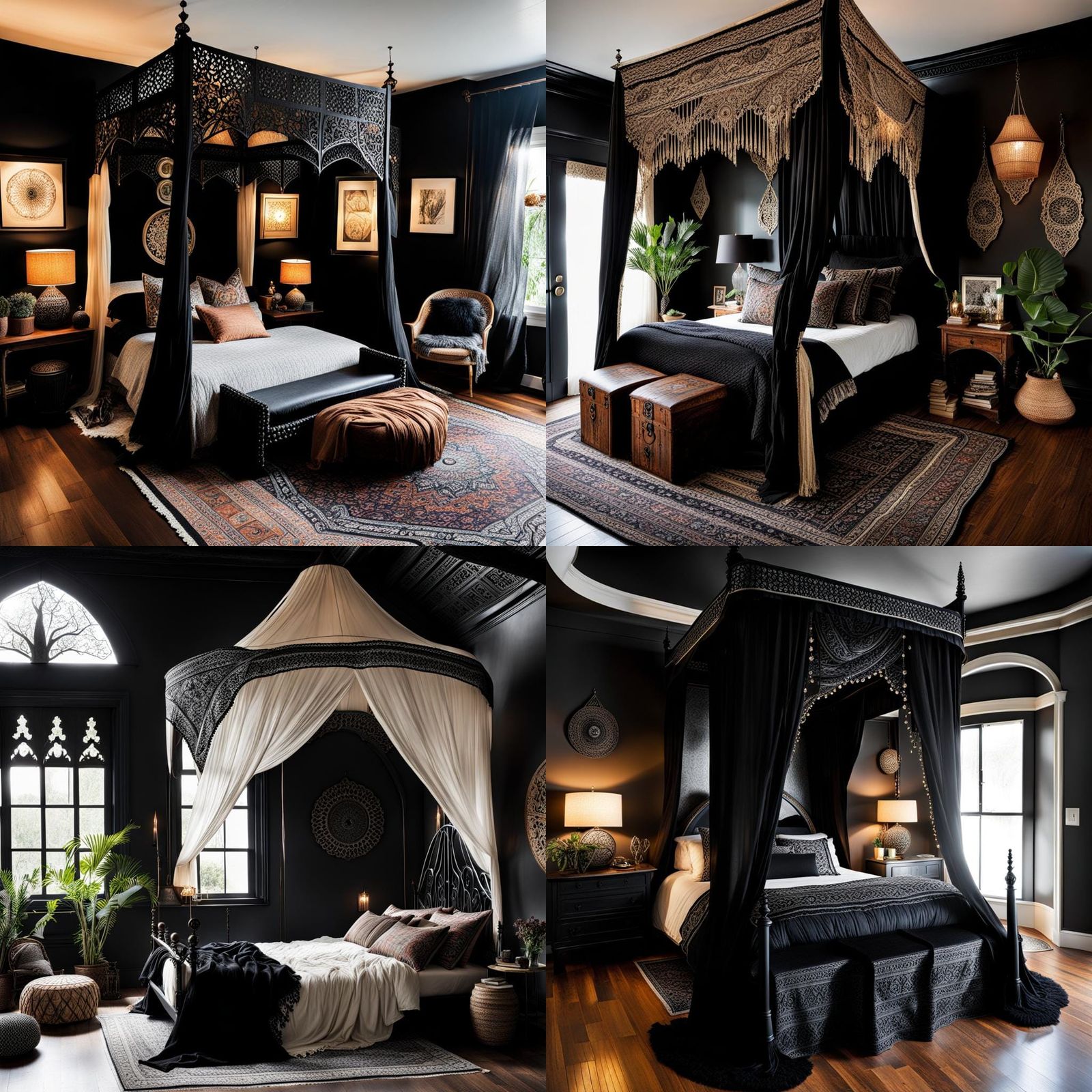 Modest Gothic boho bedroom with a bed canopy