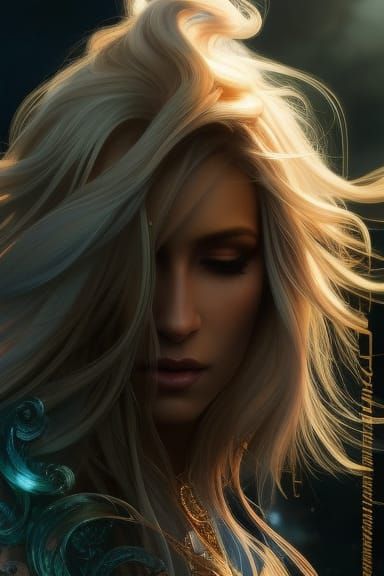 Golden Haired Woman Gazing at Waterfall Cascade