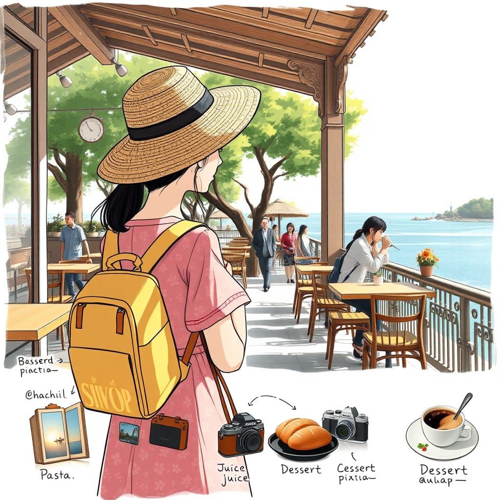 Seaside Coffee Shop Sketch with Girl in Anime Style
