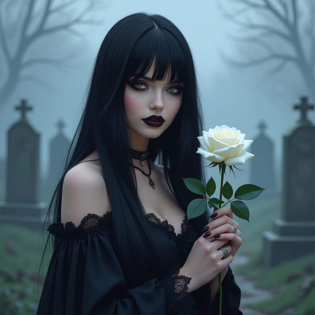 Goth Girl with White Rose in Cemetery, in Beksiński Style