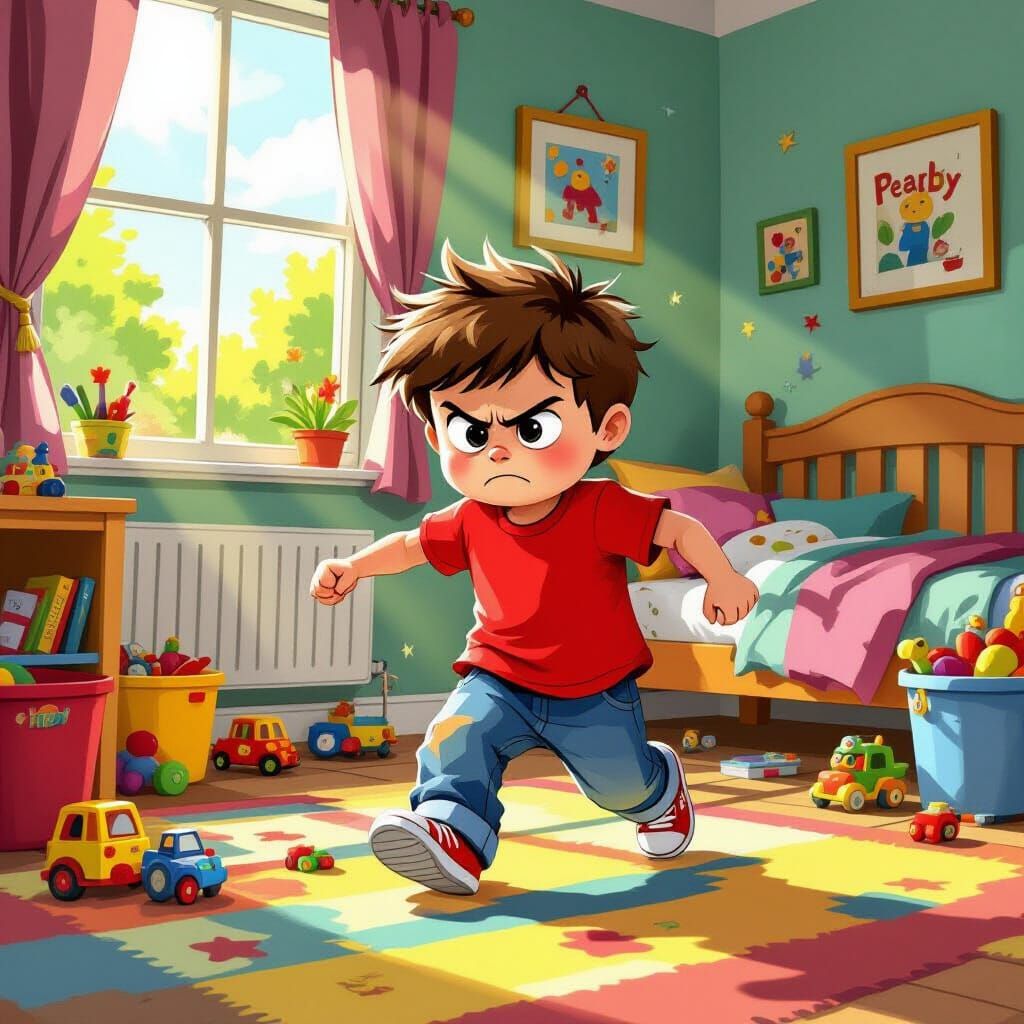 Grumpy Boy Stomping in Toy-Filled Bedroom
