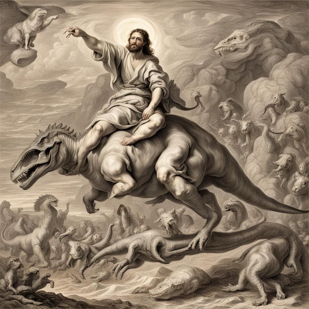Jesus on Dinosaur in Baroque Style