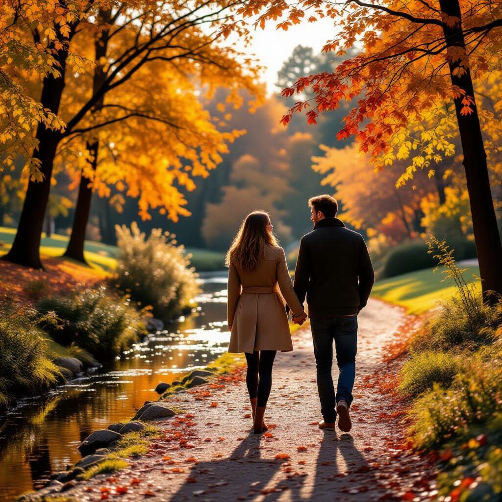 Romantic Couple in Autumn Park with Bokeh Photography
