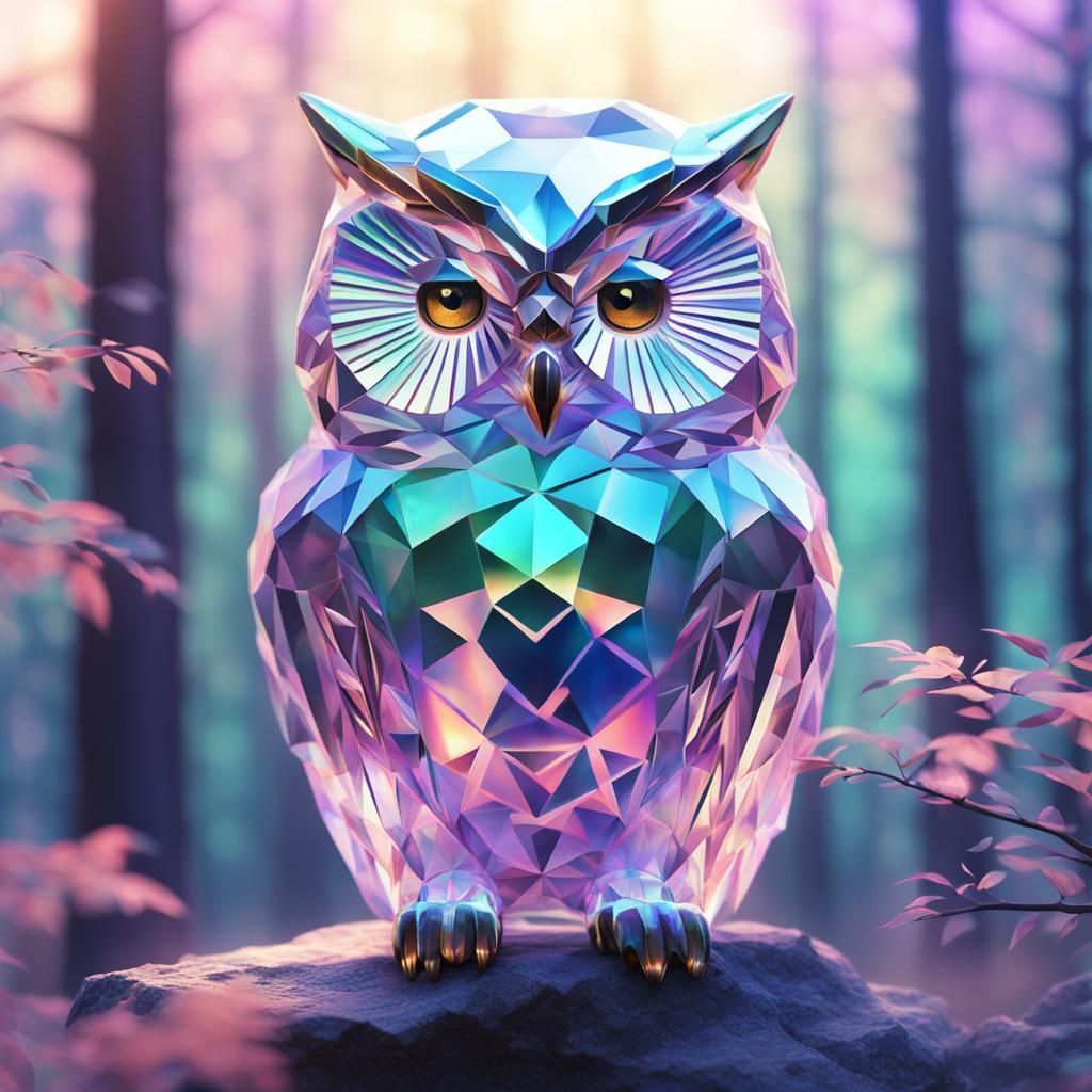 Iridescent Crystal Owl with Geometric Design