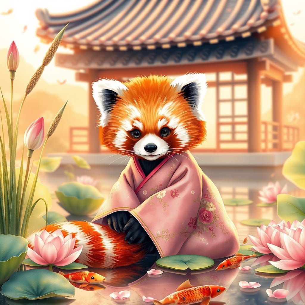 Surreal Red Panda Cub in Traditional Korean Hanbok, Watercol...