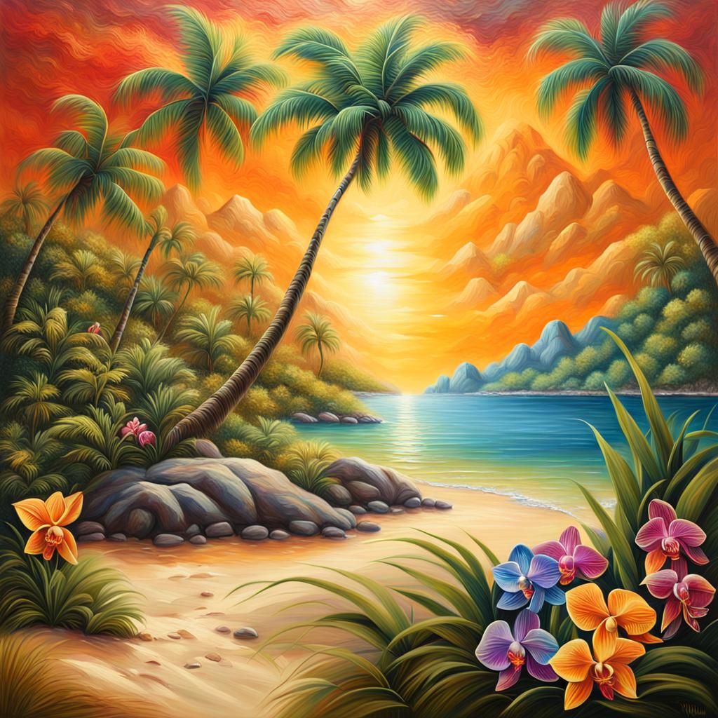 Hyperdetailed Tropical Island Oil Painting