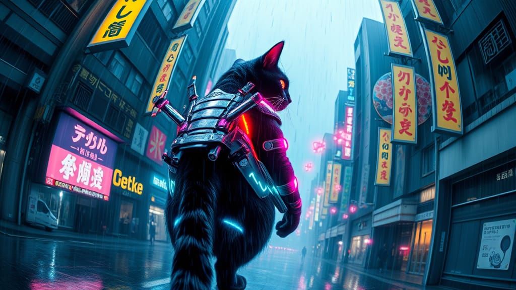 Cyber Samurai Cat in Neo-Tokyo