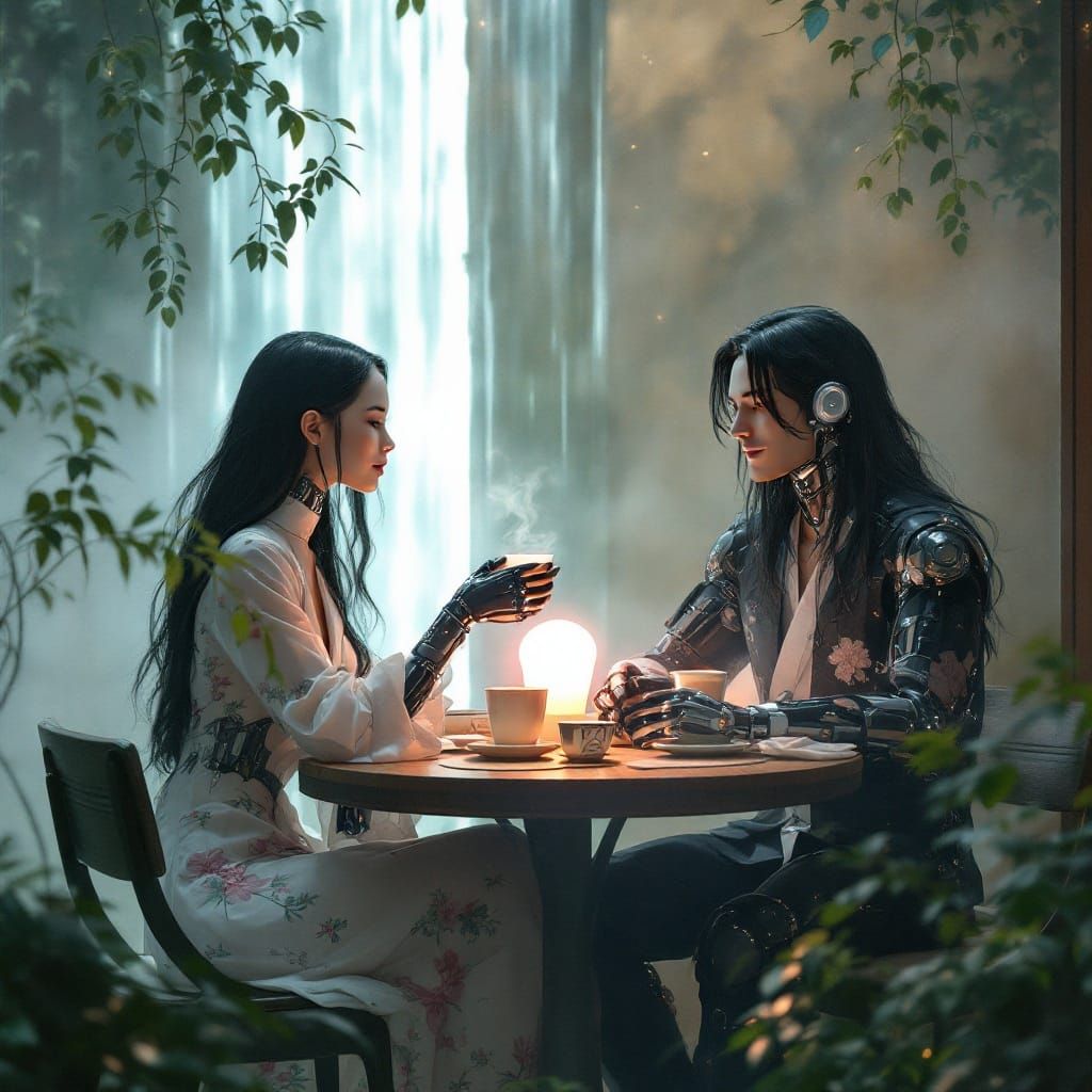 Coko/Max at teahouse. Elite androids