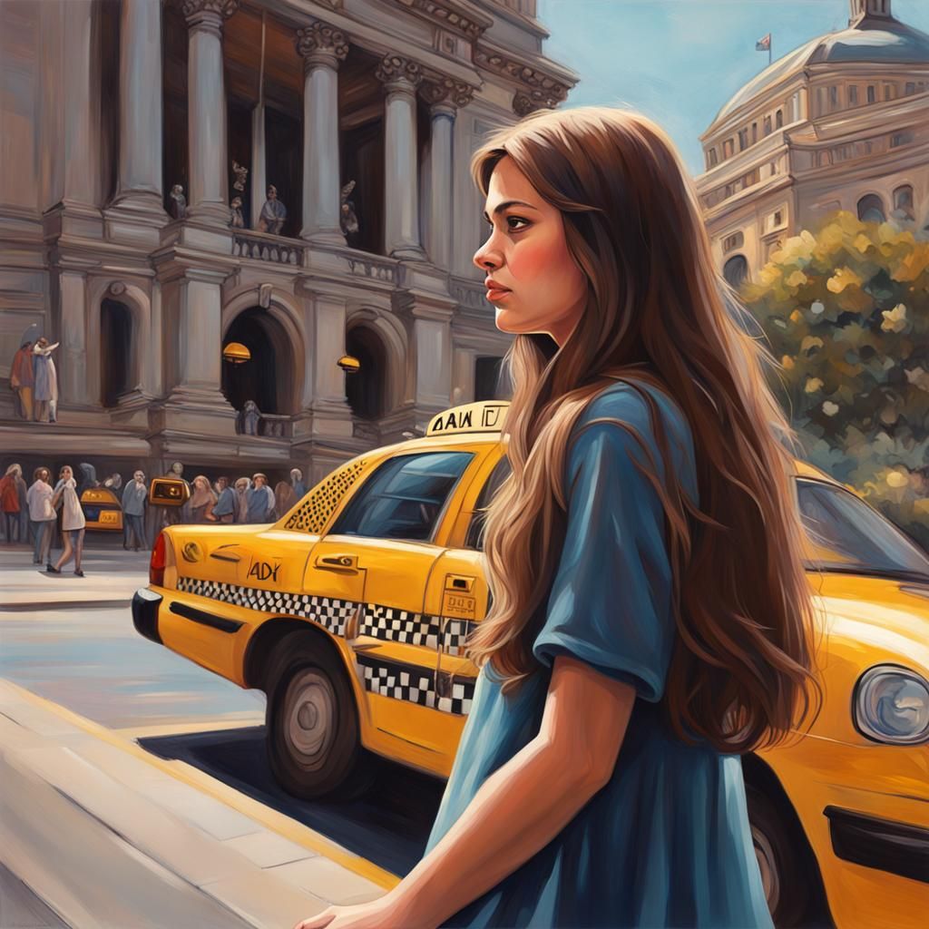 Girl with Flowers Outside Opera House: Hyperrealistic