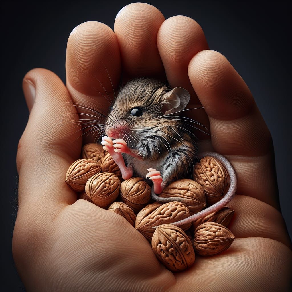 Detailed Macro Photo of Mouse on Hand with Nuts