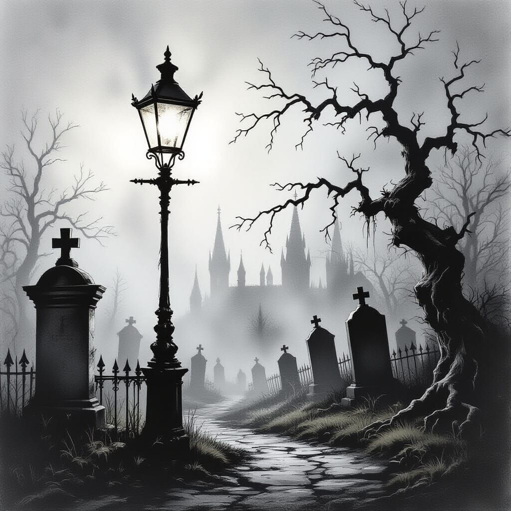 Foggy Victorian Graveyard Streetlamp as Charcoal Drawing