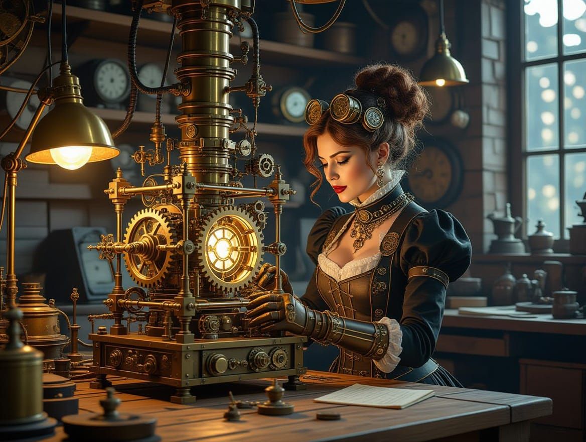 Steampunk Inventor Tinkers with Square Gears and Gadgets