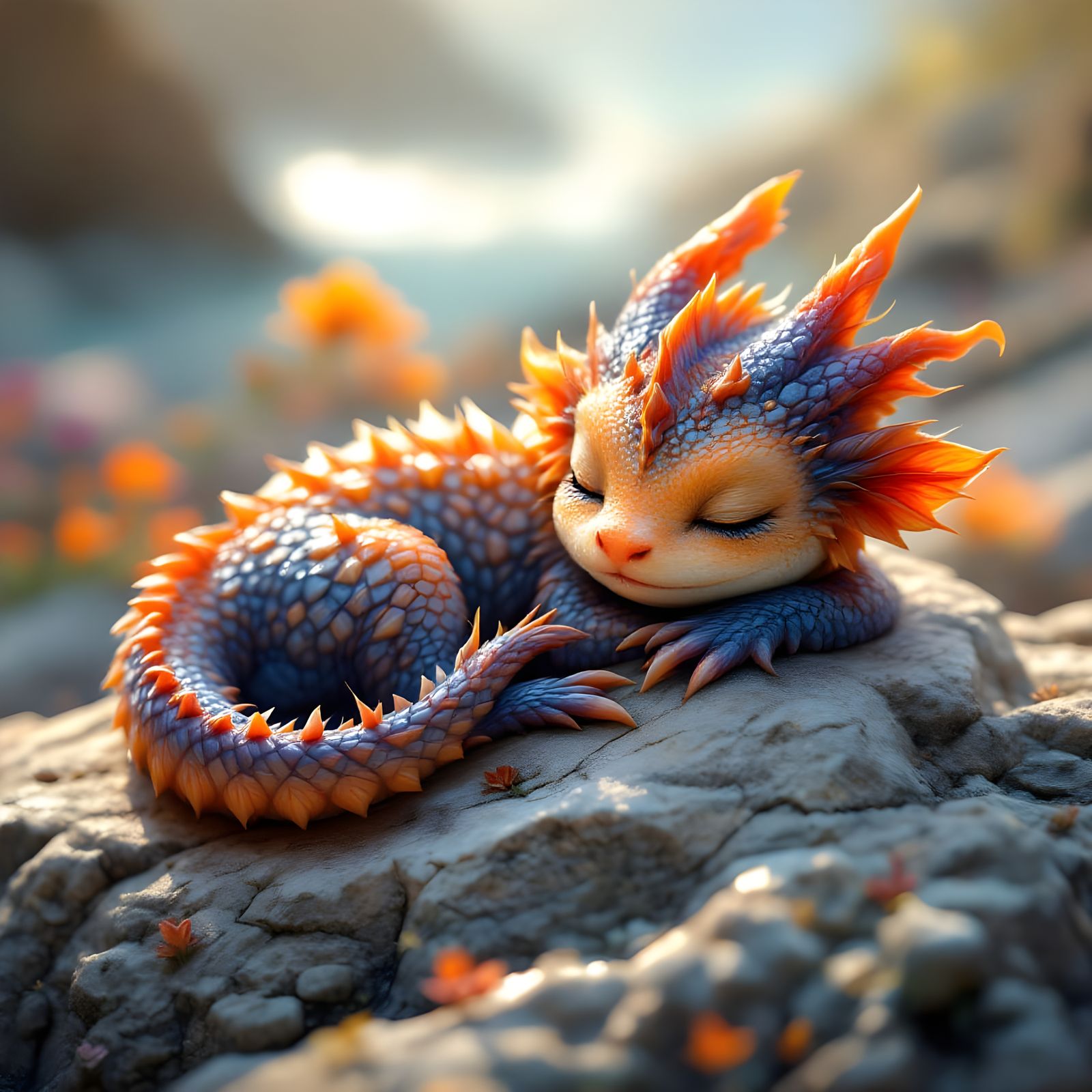 Adorable Sleeping Dragon Sunning on Rock