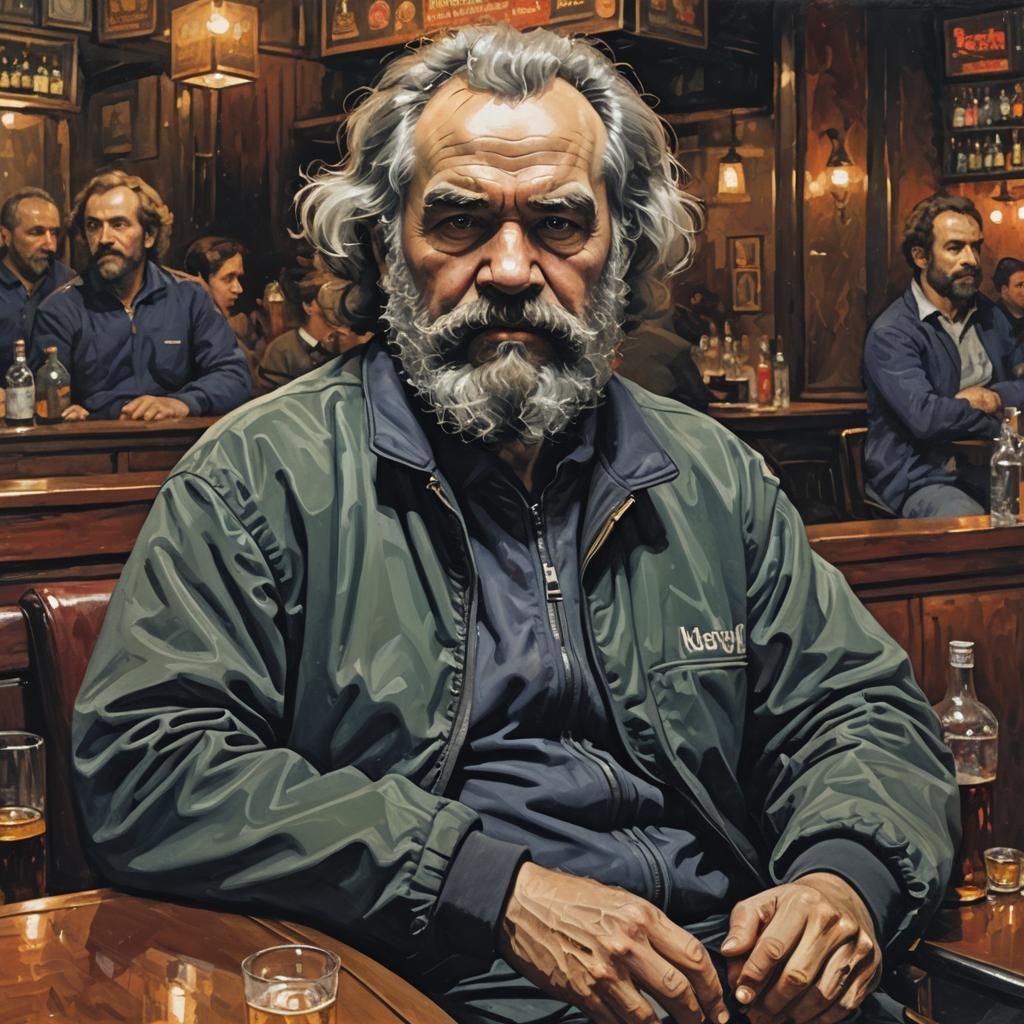 Marx in Tracksuit at Bar, Oil Painting