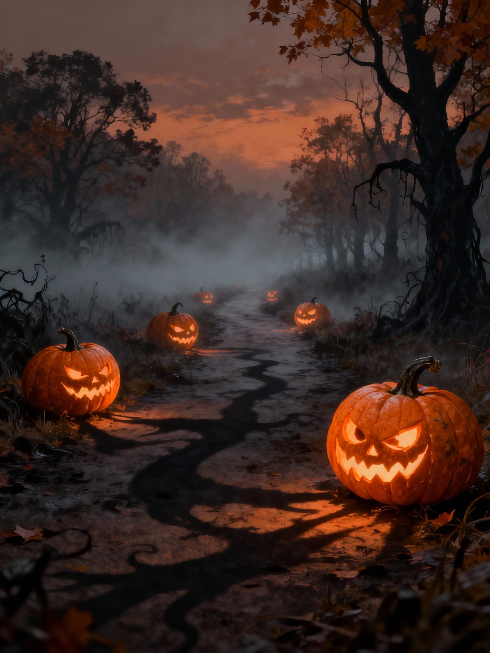 Eerie Autumn Path with Glowing Pumpkins in Misty Gloomcore S...