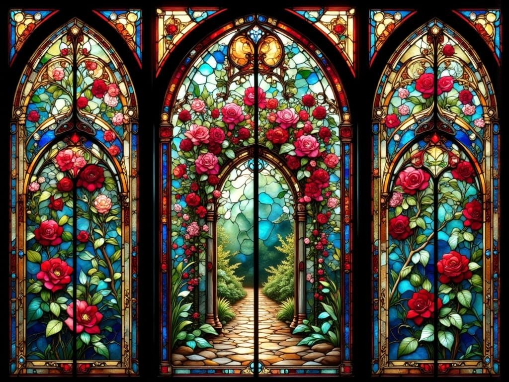 Stained Glass Rosebush Masterpiece with Lighting