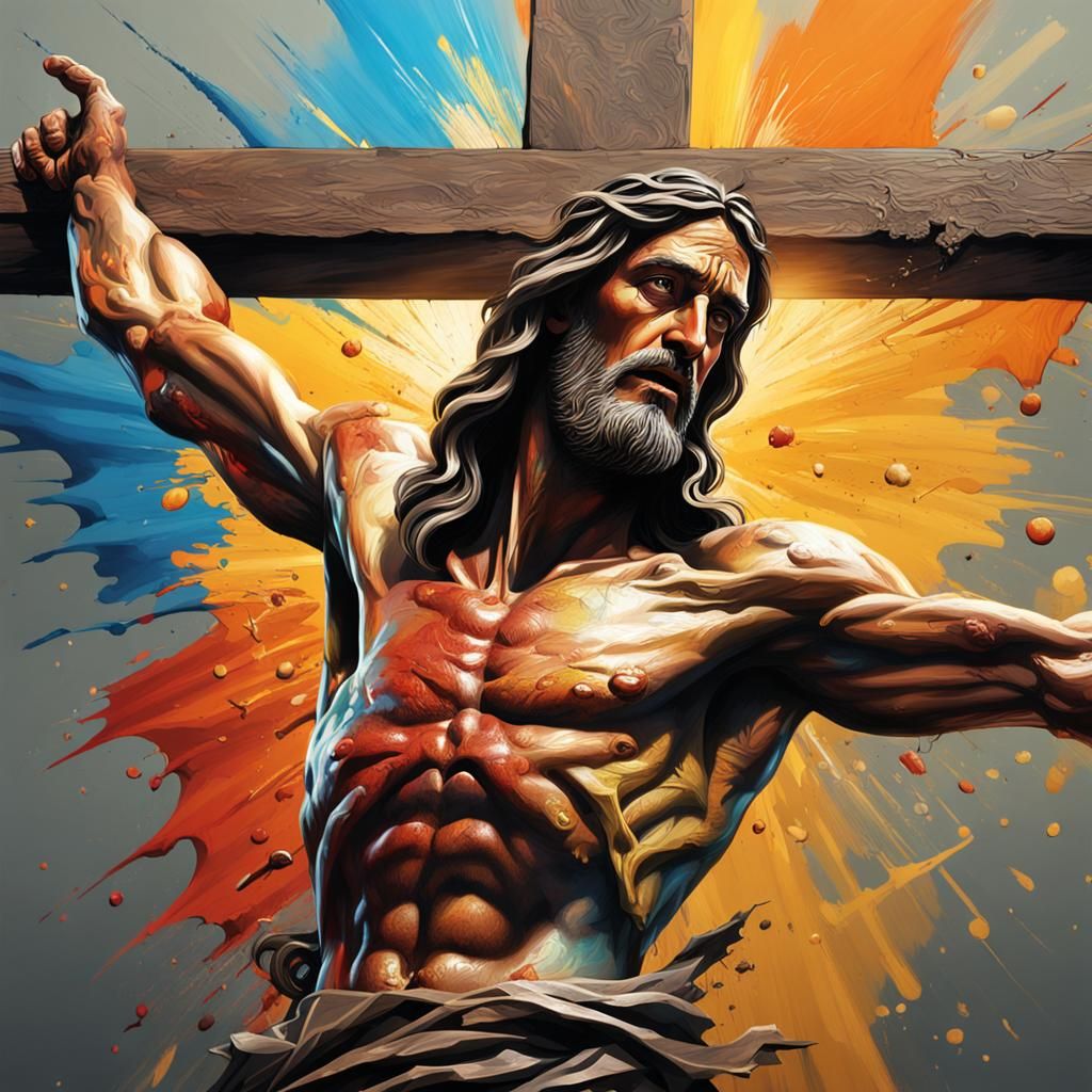 Hyperrealistic Crucifixion of Jesus in Splash Art Style