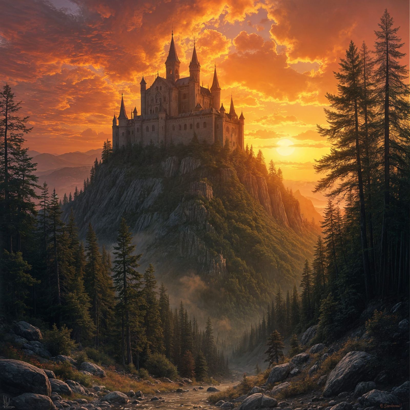 Epic Sunset Landscape Painting with Hillside Castle
