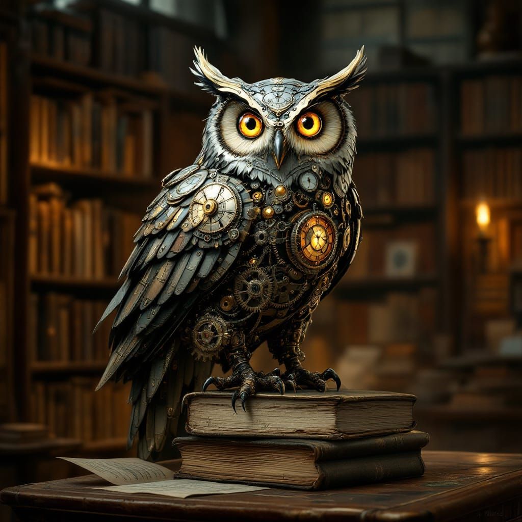 Whimsical Clockwork Owl on Books in Steampunk Library