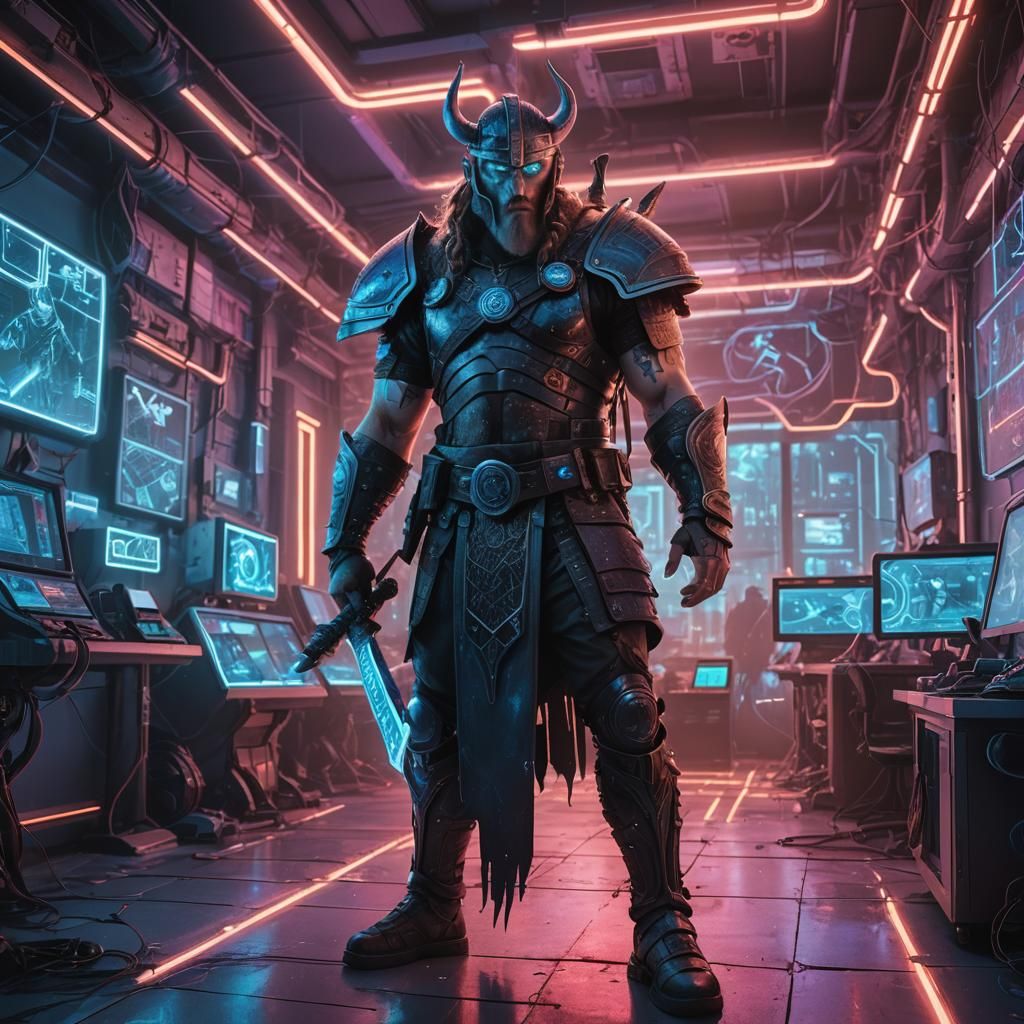 Cyberpunk Viking Warrior in Futuristic Lab