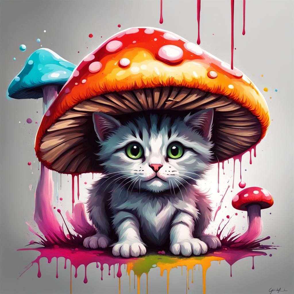 Cute Kitten with Mushroom Hat in Graffiti Art