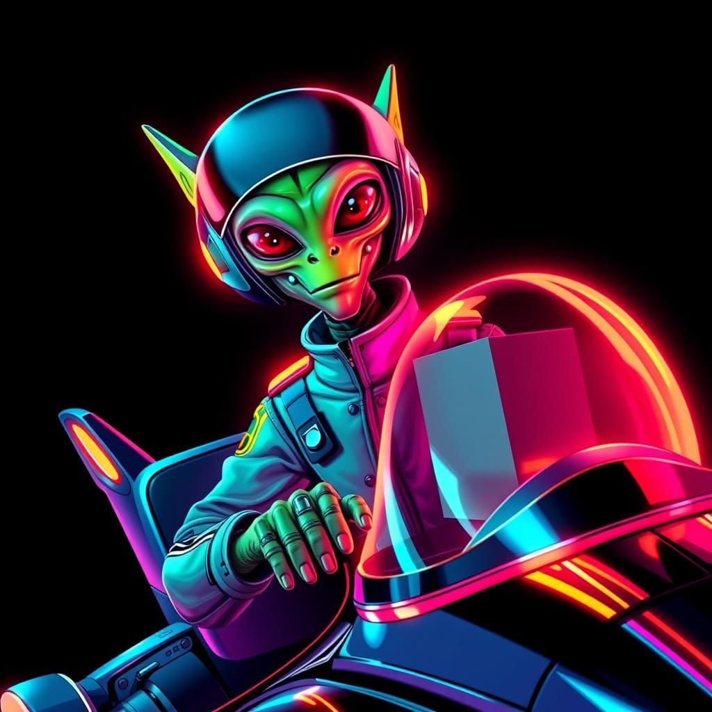psychedelic alien pizza delivery person with a sleek starship