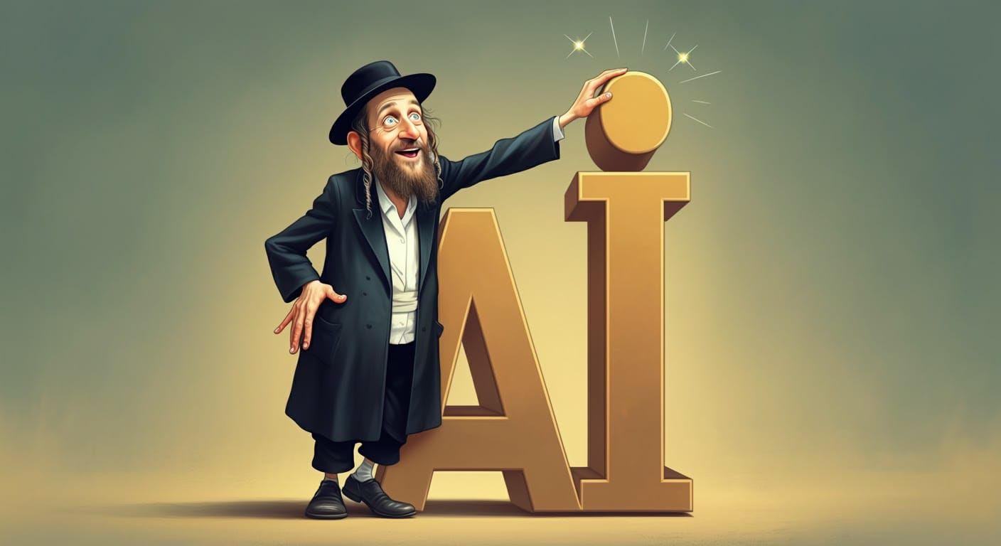 A Playful Hasidic Man Interacts with Giant AI Letters
