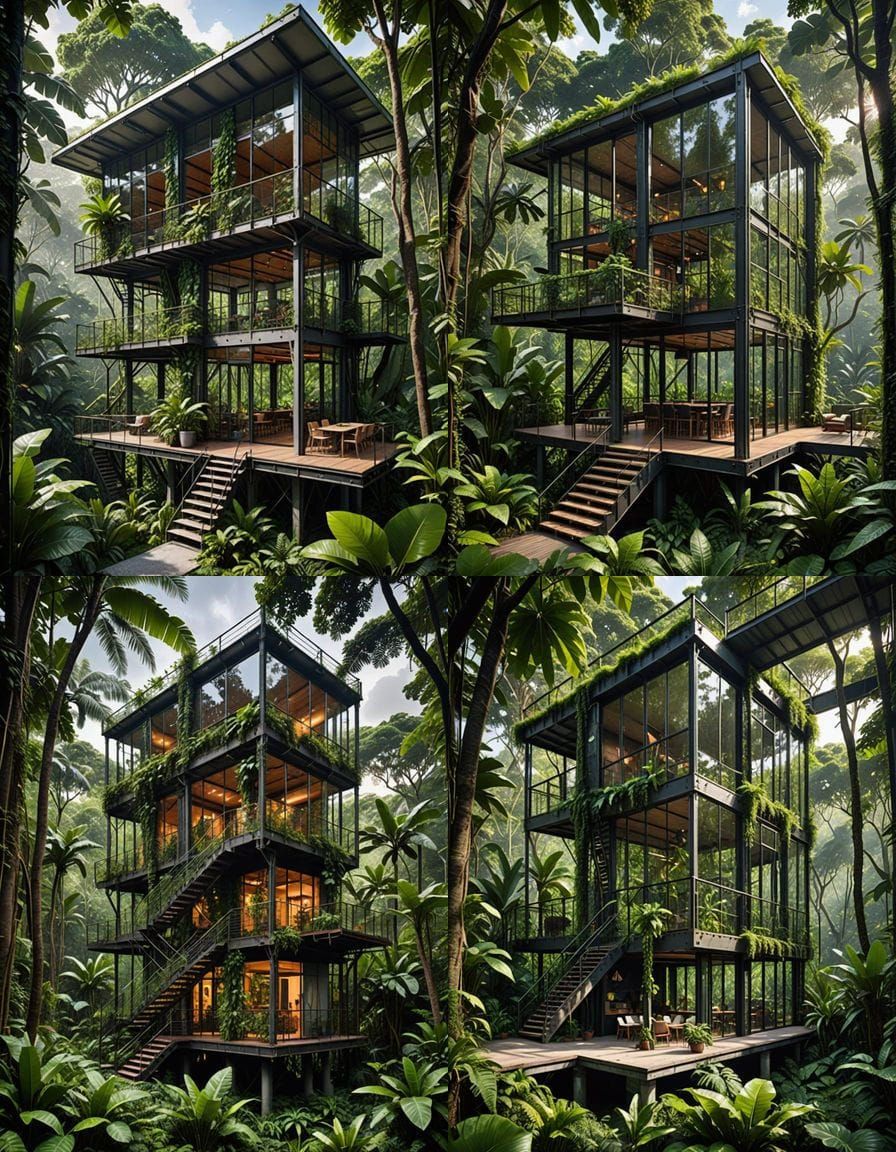 Dramatic Industrial Villa Among Lush Rainforest Canopy