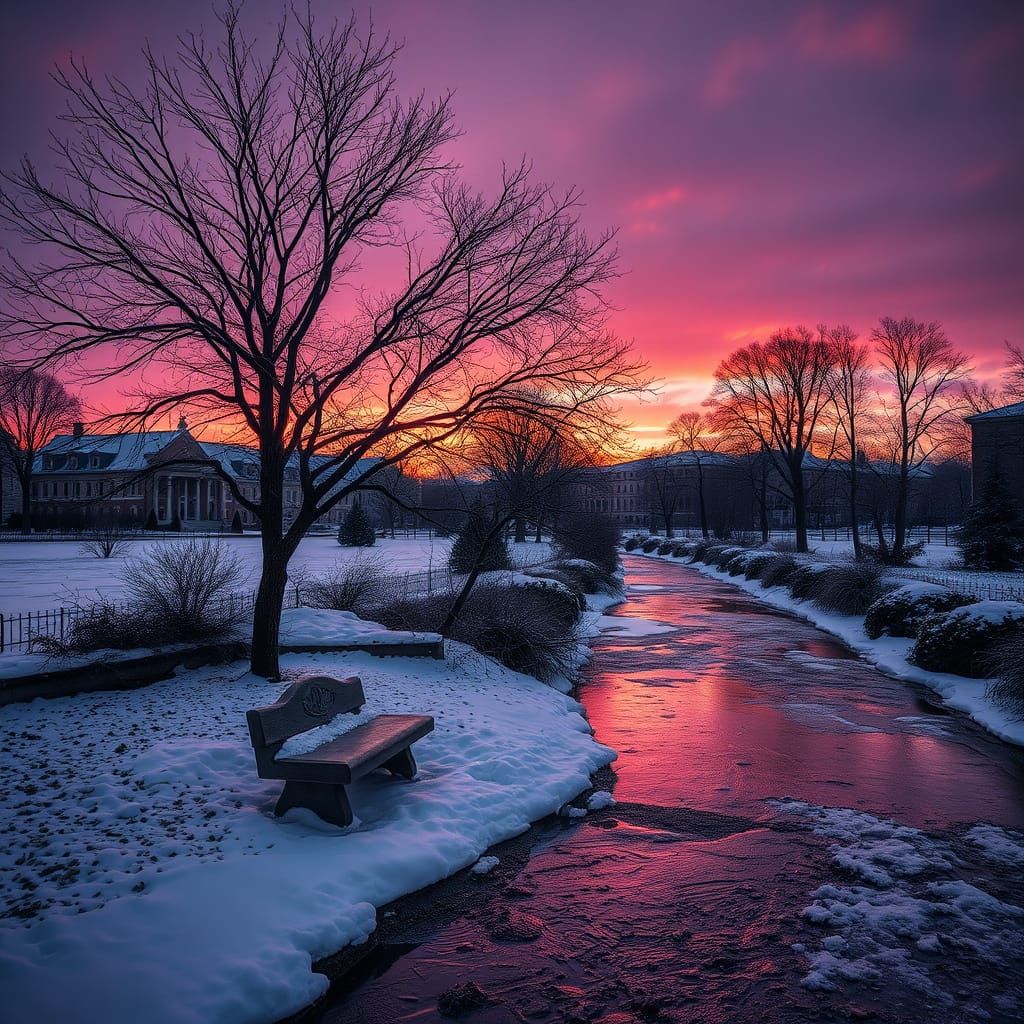 Winter Twilight by Frozen Stream with Leafless Tree