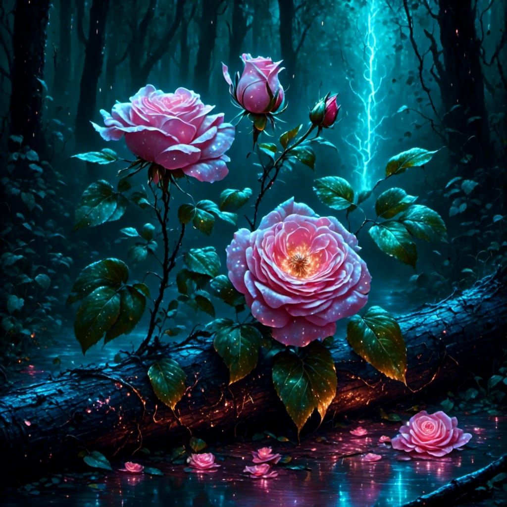 Wild Rose Growing in Rainy Forest, Airbrush Art