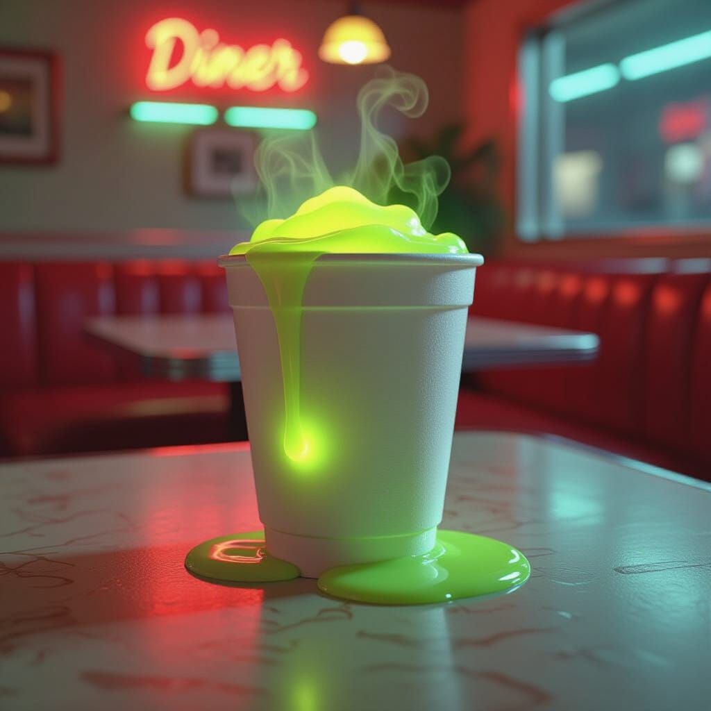 Glowing Sludge Coffee Cup, Hyperrealistic Digital Art