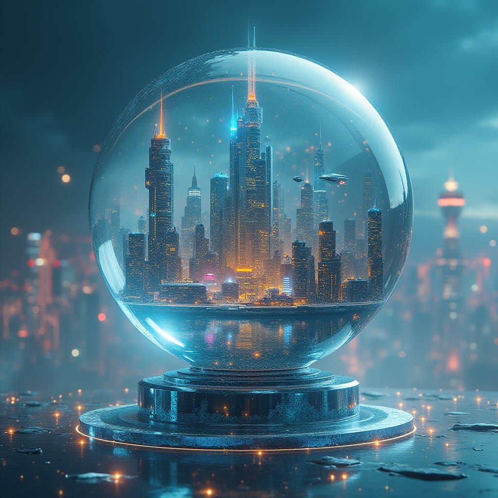 Futuristic City in Glass Globe, Syd Mead Style