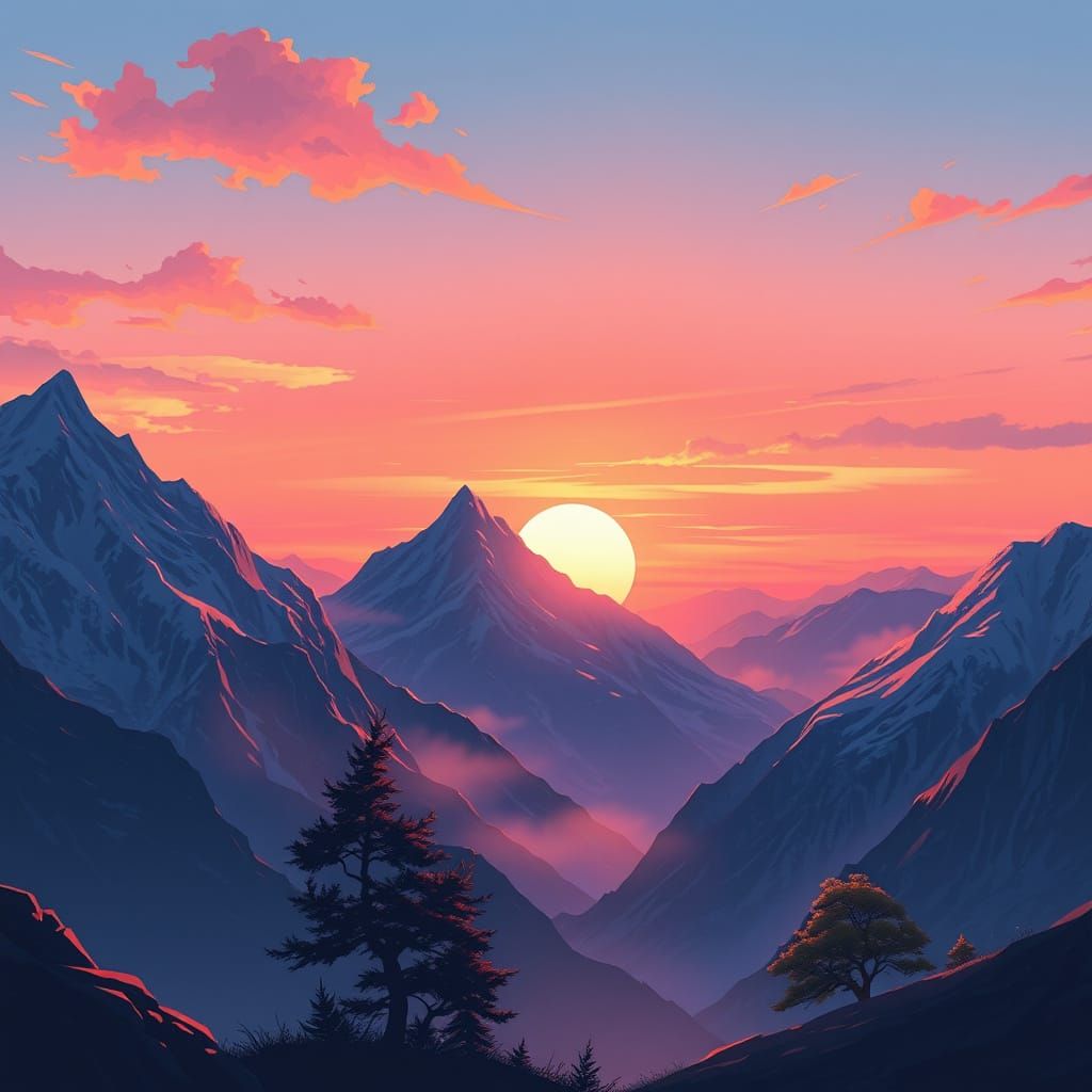 Anime-Inspired Mountain Sunset with Moonlit Serenity