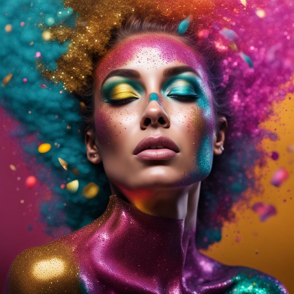 Hyperrealistic Woman of Vibrant Colors and Glitter