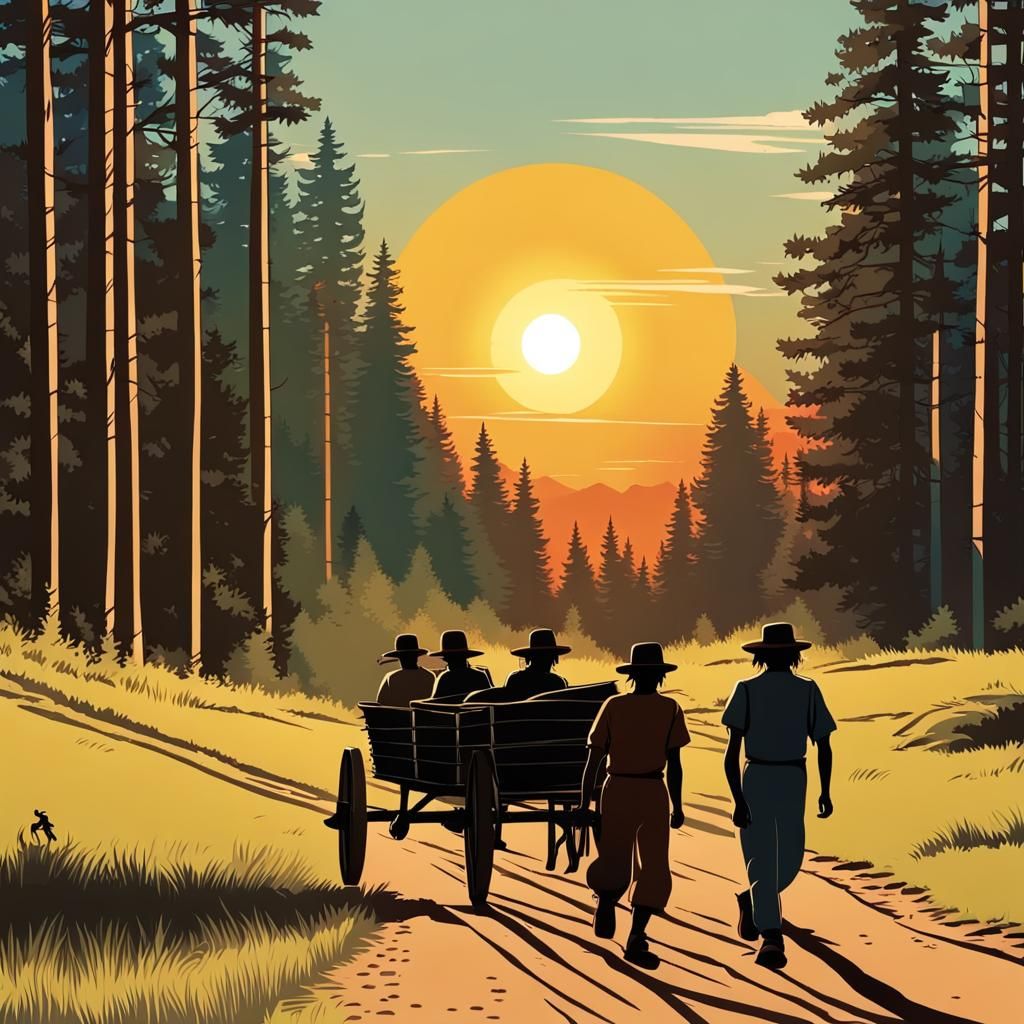 Pioneer Teenagers Trekking in LDS Cartoon Style