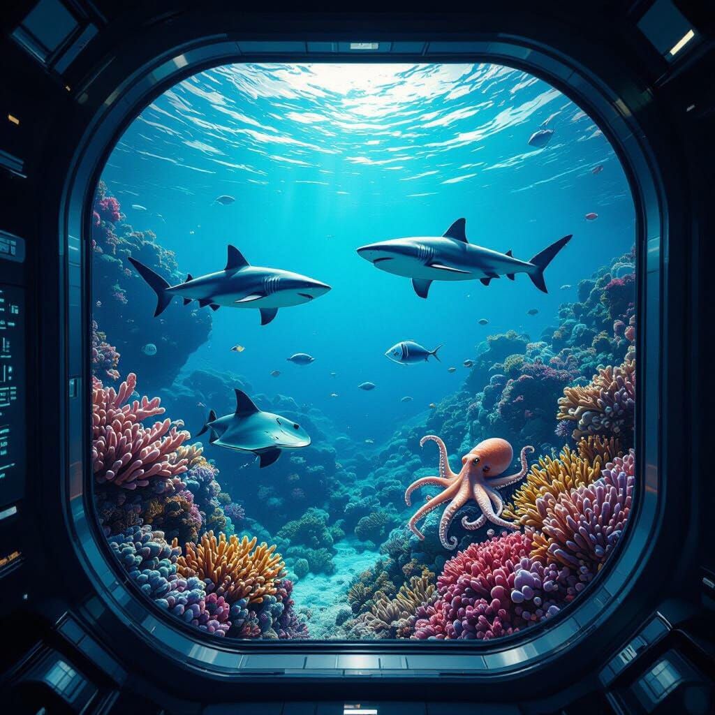 Spaceship View of Vibrant Coral Reef with Marine Life