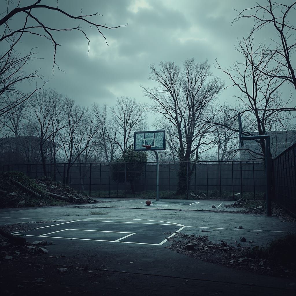 Post-Apocalyptic Basketball Court in Haunting Style