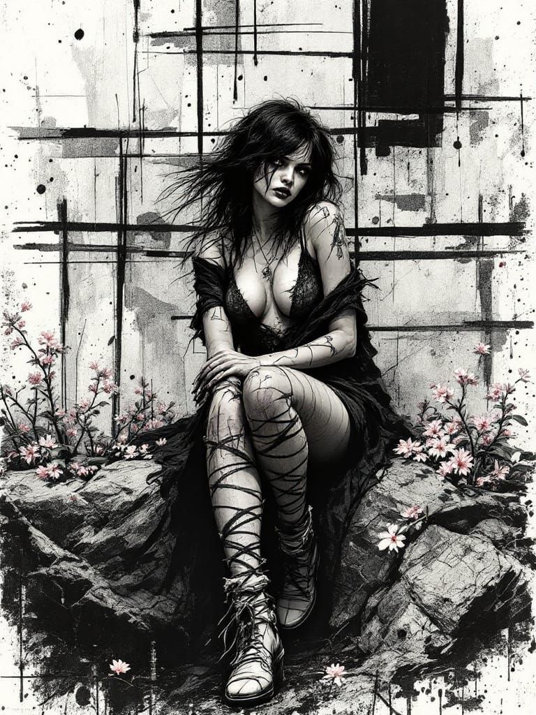 Monochromatic Pin-Up in Post-Apocalyptic Garden