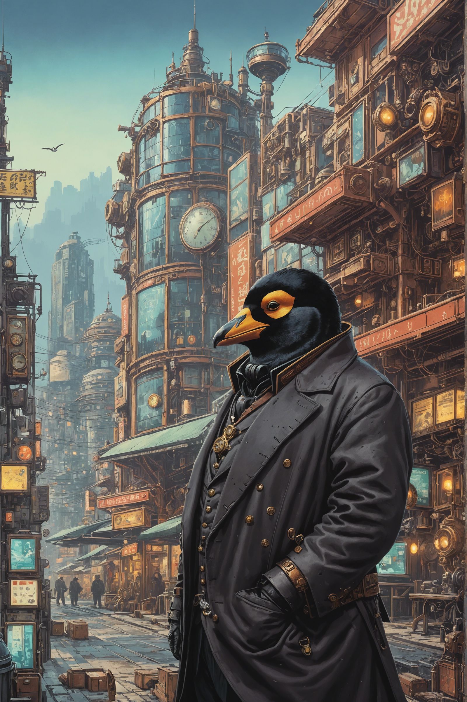Steampunk Penguin in Cyberpunk City, Digital Illustration