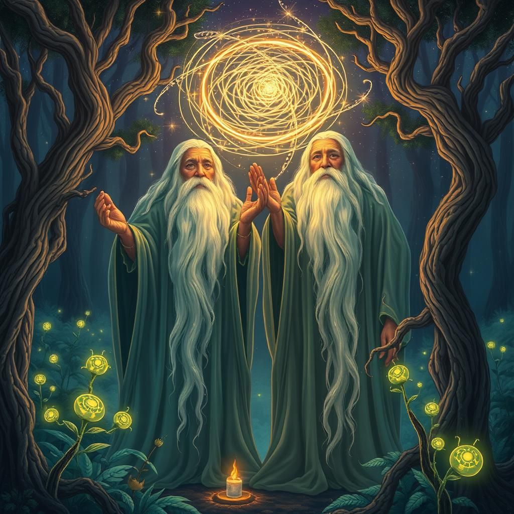 Mystical Twin Sorcerers in Enchanted Forest