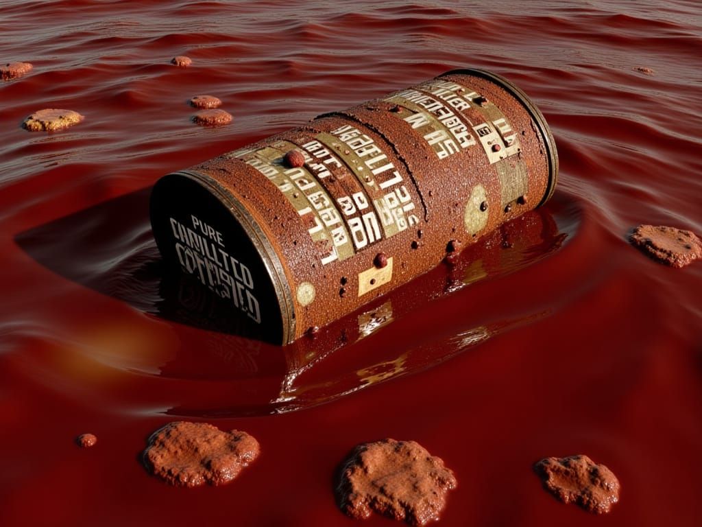 Surreal Rusty Barrel Floats on Maroon Sea