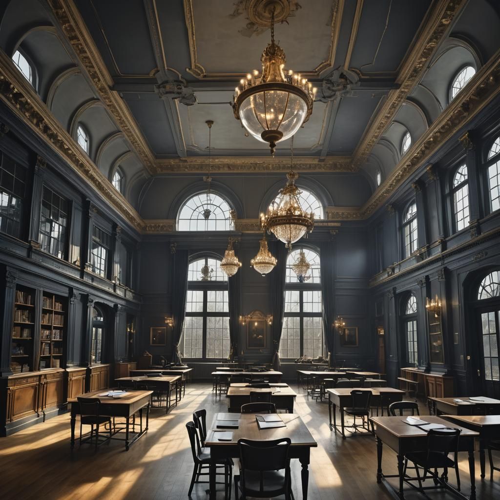 Sinister Classroom with Chandeliers and Antique Windows