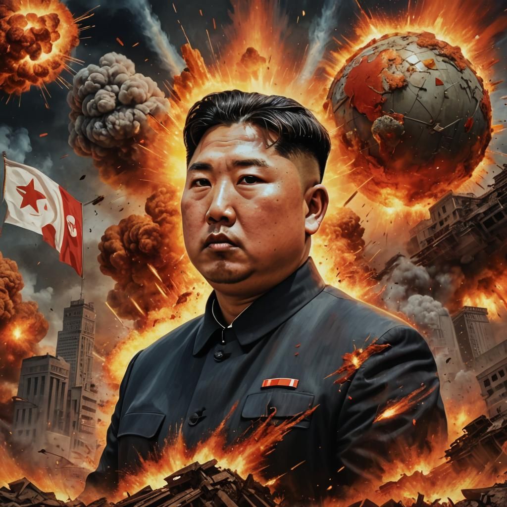 Chaotic Portrait: Kim Jong Un in Dystopian Explosion