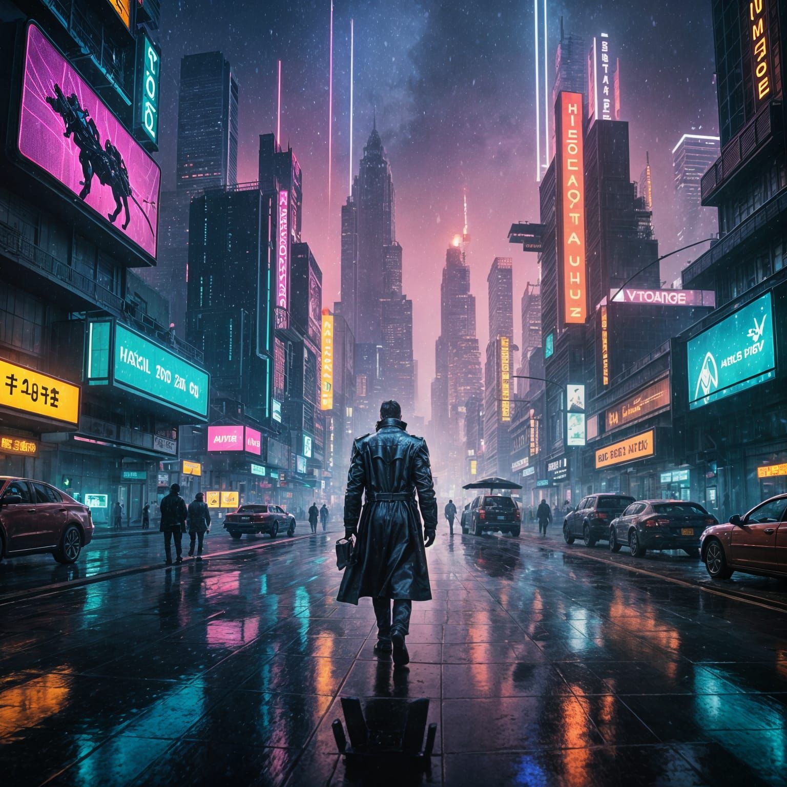 Sleek Futuristic Metropolis at Night in Cyberpunk Style
