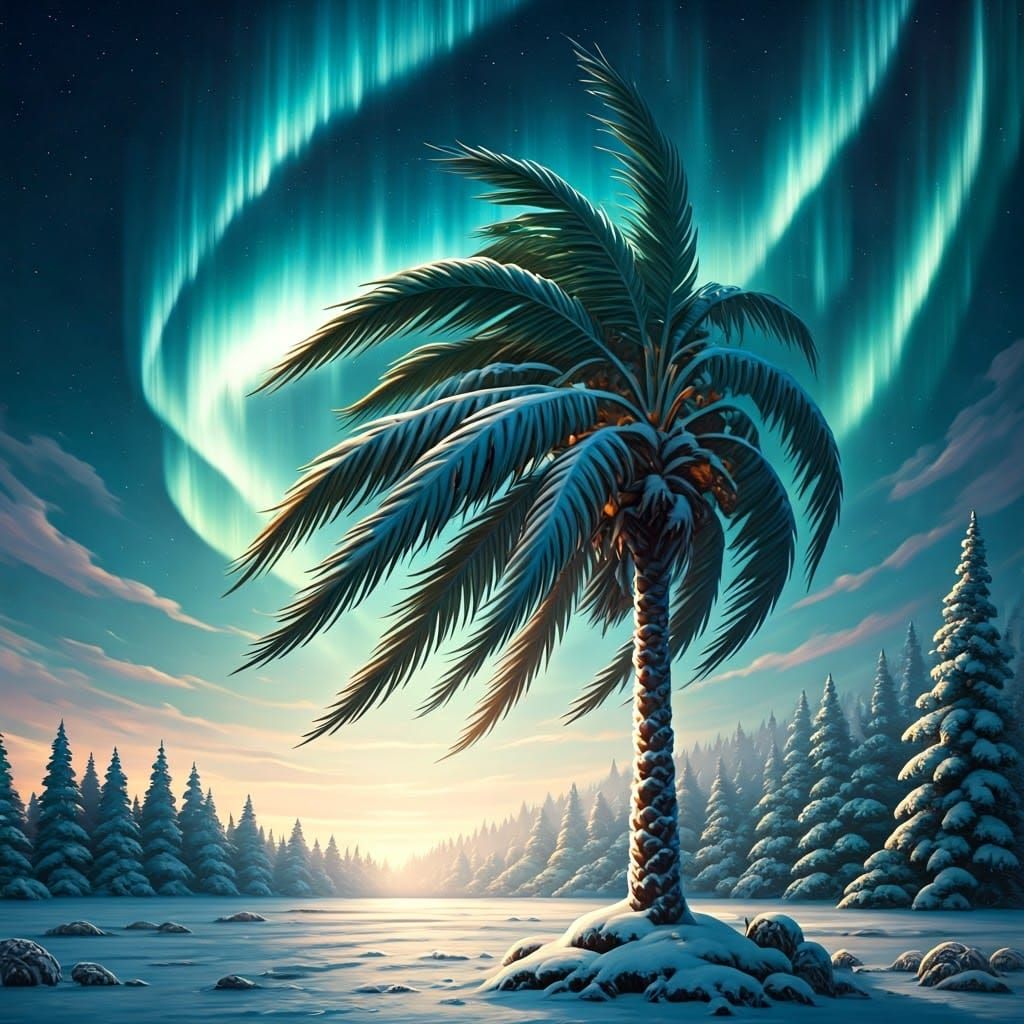 Snowy Palm Tree Under Aurora Borealis
