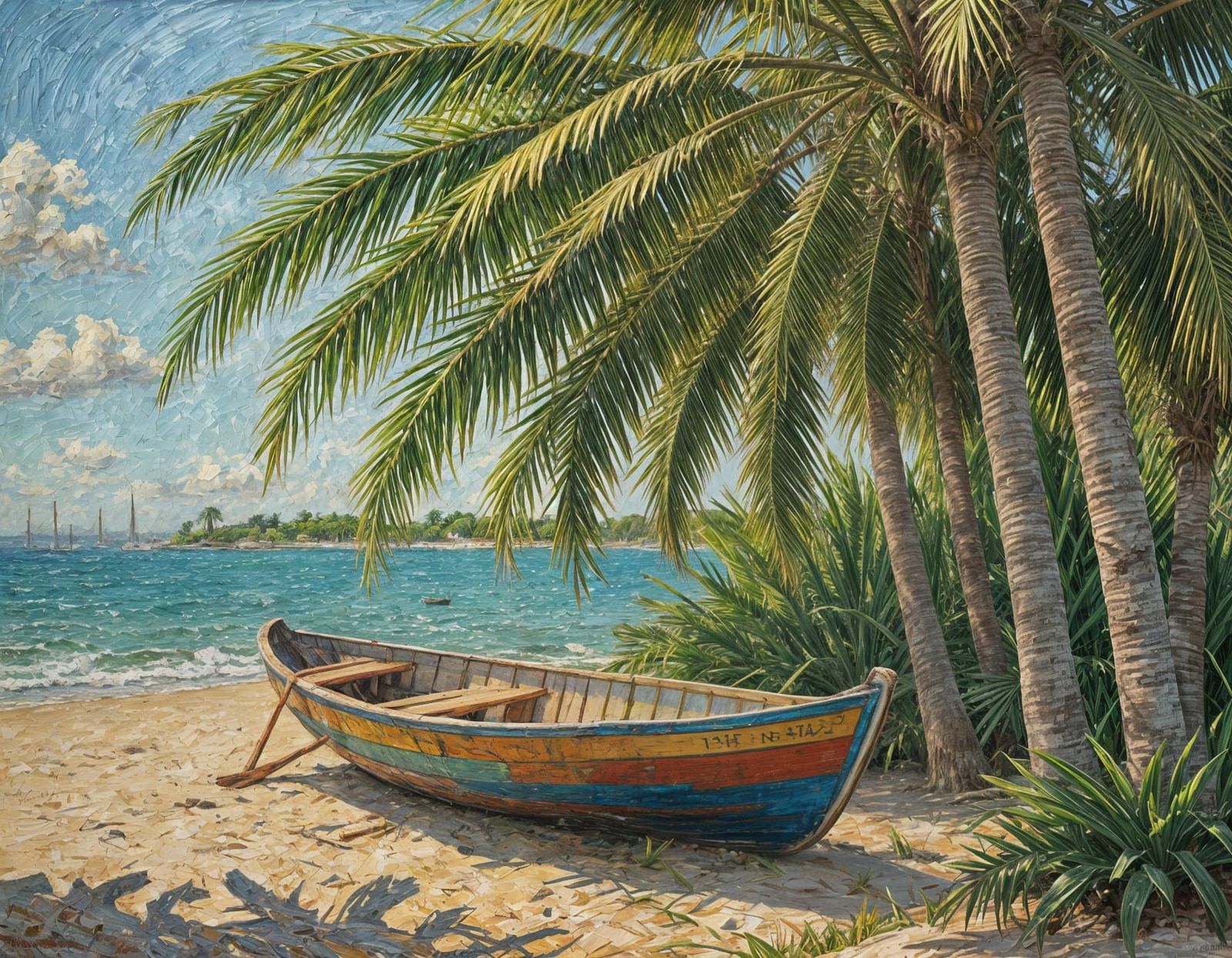 Rowboat on Beach in Neo-Impressionist Style