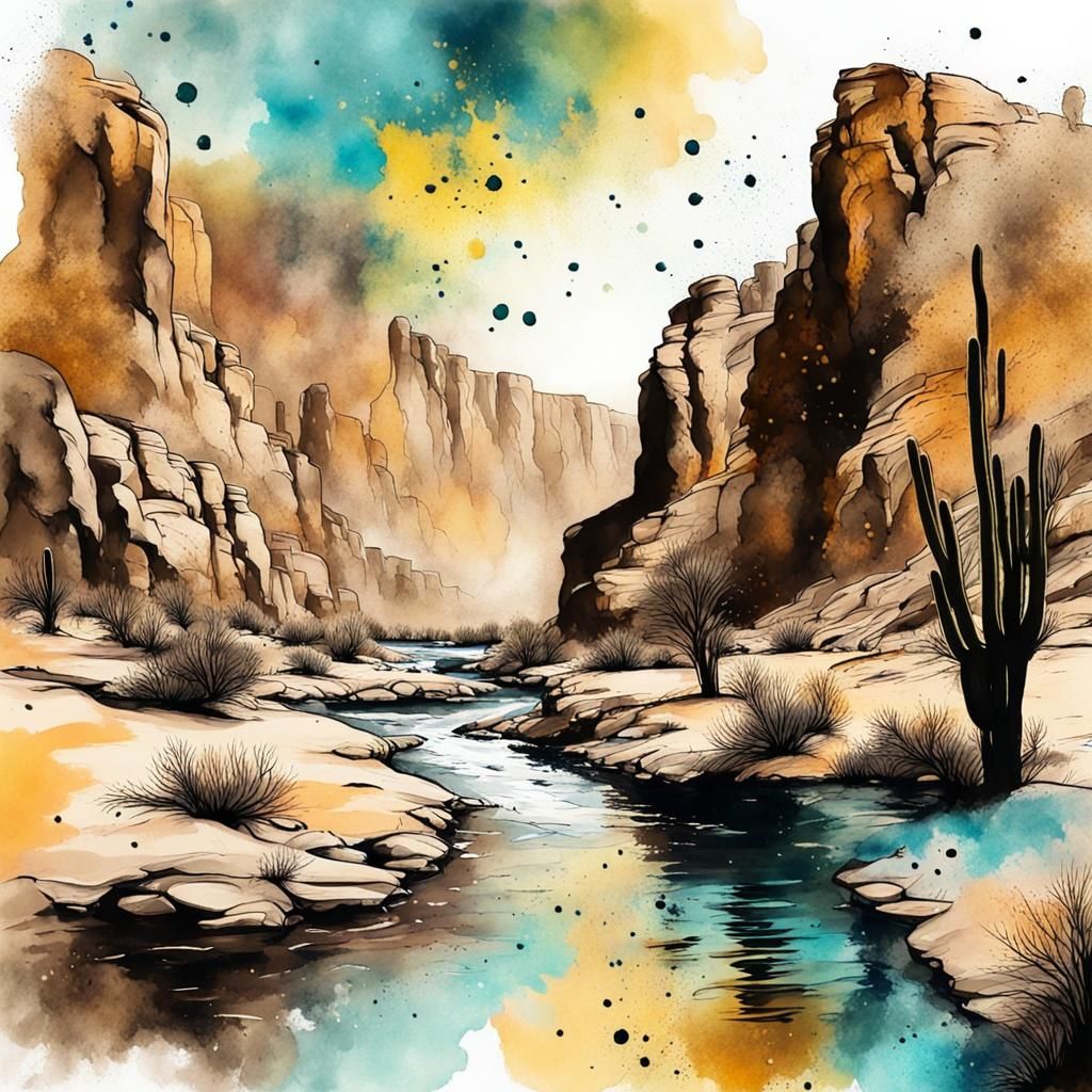 Watercolor Desert Canyon River Scene