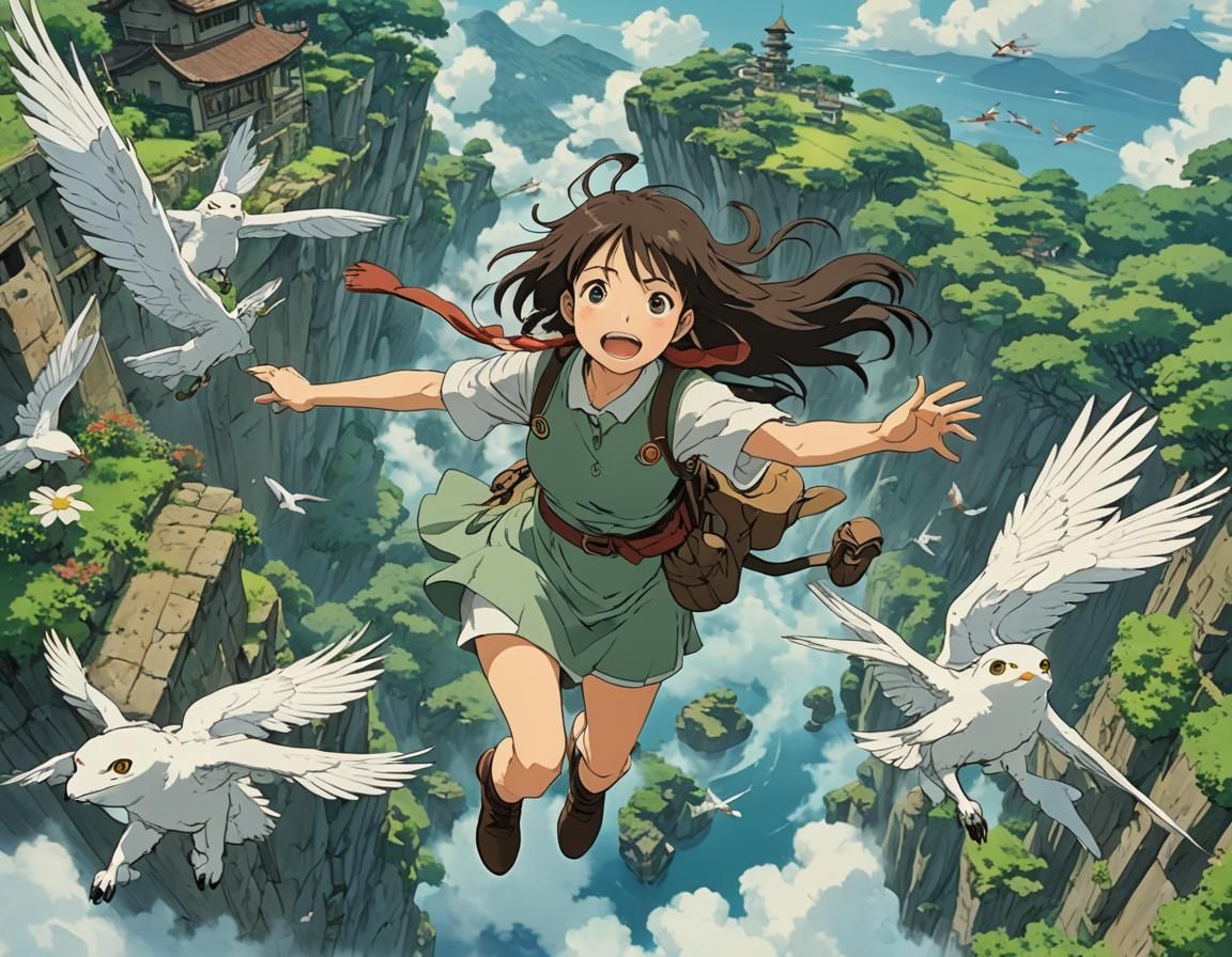 Anime Girl Flying on Dragon in Ghibli Style